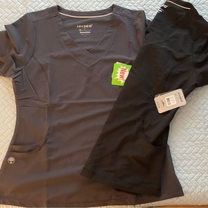 2 Healing Hands 360 Sloan Scrub Tops Size L - 1 Black / 1 Pewter